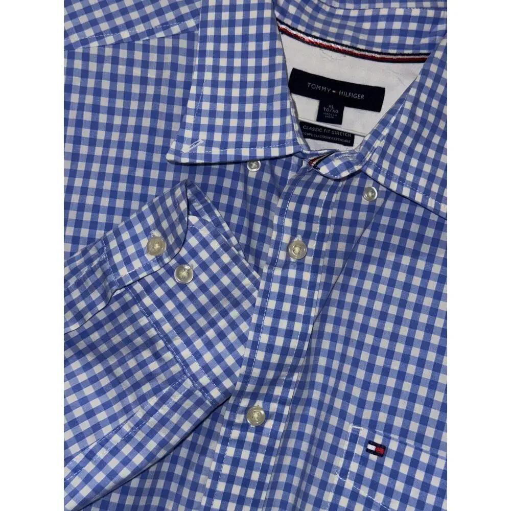 Tommy Hilfiger Classic Fit Stretch Men Blue White Gingham Dress Shirt XL Button - Picture 3 of 9